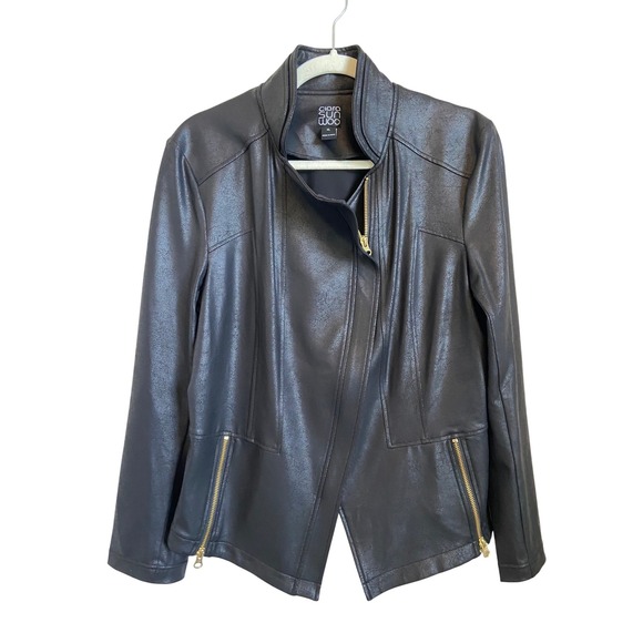Clara Sun Woo Jackets & Blazers - Clara Sunwoo Womens XL Black Liquid Leather Zip Moto Jacket Gold Zip